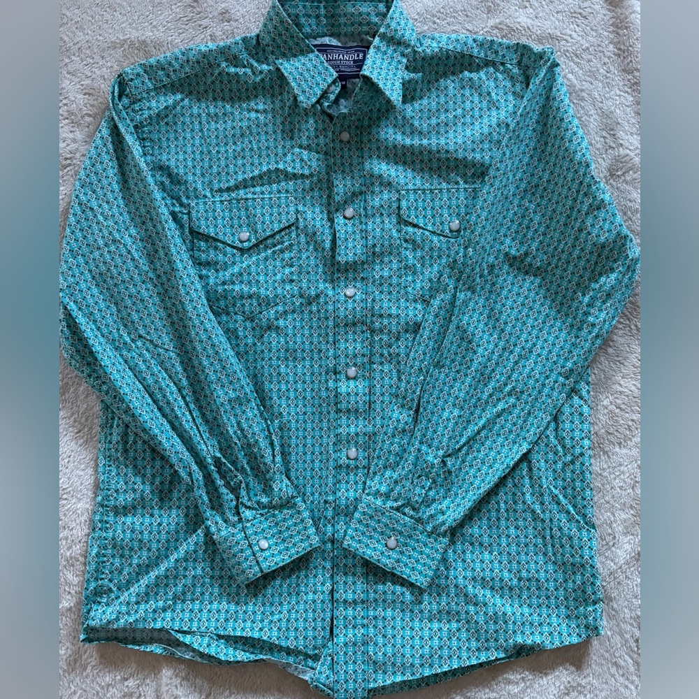 Panhandle Teal Patterned Kids Western Button Down Shirt (XL-18)
